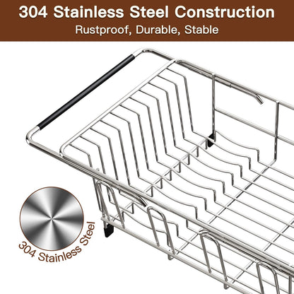 Over the Sink Expandable Dish Drainer Drying Rack In Stainless Steel for Small Kitchen, Counter Space Saving Modern Compact Metal Above Plate Dryer Strainer, Adjustable Hanging Inside Drain Holder