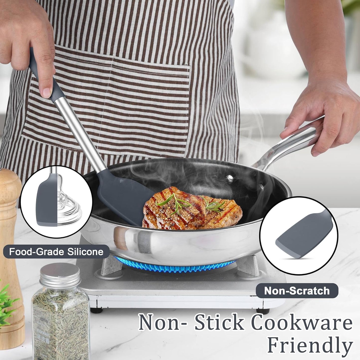 TeamFar Cooking Utensils Set, 5 PCS Silicone Kitchen Utensils with Stainless Steel Handle, for Nonstick Cookware Flipping Frying Turning Draining, Heatproof & Healthy, Nonstick & Easy Clean, Black