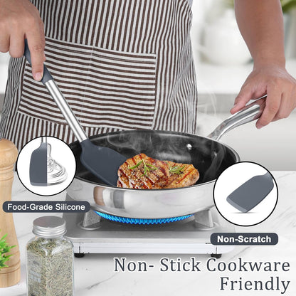 TeamFar Cooking Utensils Set, 5 PCS Silicone Kitchen Utensils with Stainless Steel Handle, for Nonstick Cookware Flipping Frying Turning Draining, Heatproof & Healthy, Nonstick & Easy Clean, Black