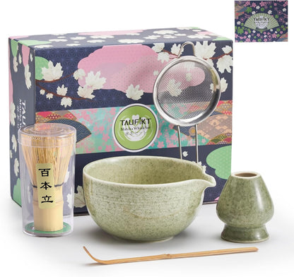 Matcha Whisk Set, 5 Pcs Ceramic Matcha Set, Matcha Kit Set Includes Matcha Bowl, Matcha Whisk and Holder, Bamboo Scoop and Sifter, Matcha Tea Set, Ideal Gift for Family/Friend (Pink)