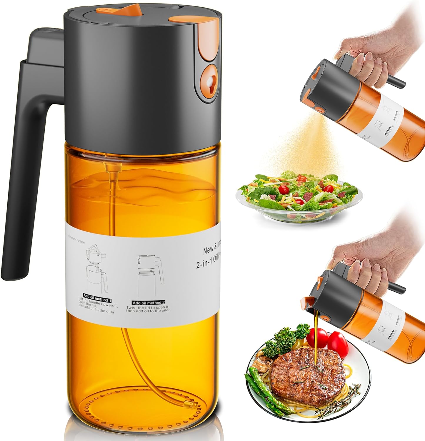 OURCABECUE Upgrade 2 in 1 Oil Sprayer for Cooking, 17oz Light-Blocking Glass Olive Oil Dispenser Bottle for Kitchen, Food-Grade Oil Mister with 8 Stickers for Salad, Frying (Green Bottle-Black Gap)