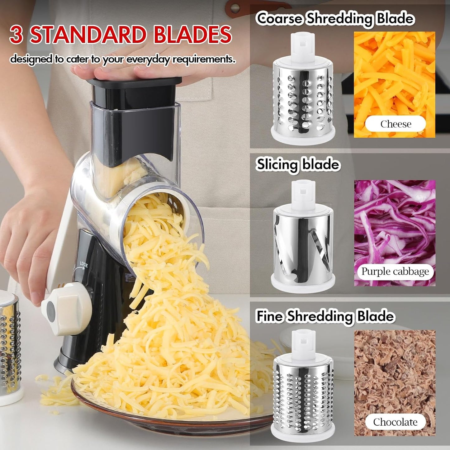 Ourokhome Rotary Cheese Grater Hand Crank, Kitchen Shredder Speed Mandolin Slicer Nut Grinder with Handle and Drum Blades for Cheese, Vegetable, Walnut, Chocolate, Potato, Carrot, 3 Blades, Dark Blue