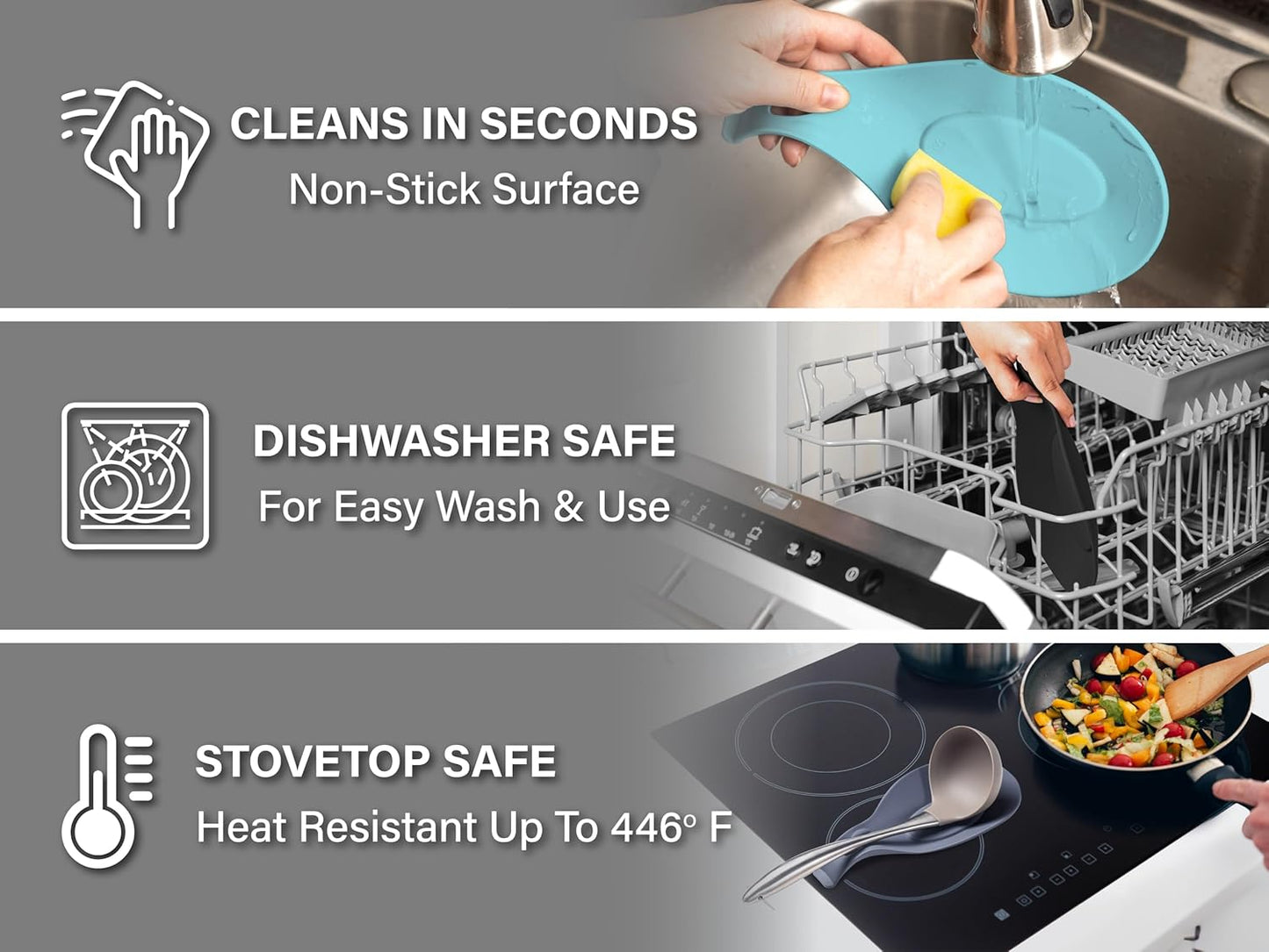 Silicone Spoon Rest for Stove Top Set of 2 – HEAT RESISTANT DISHWASHER SAFE Kitchen Utensil Holder for LARGE Utensils - Won’t Break - Non-Slip - Ideal for Glass & Induction Cooktops - for Home Cooks