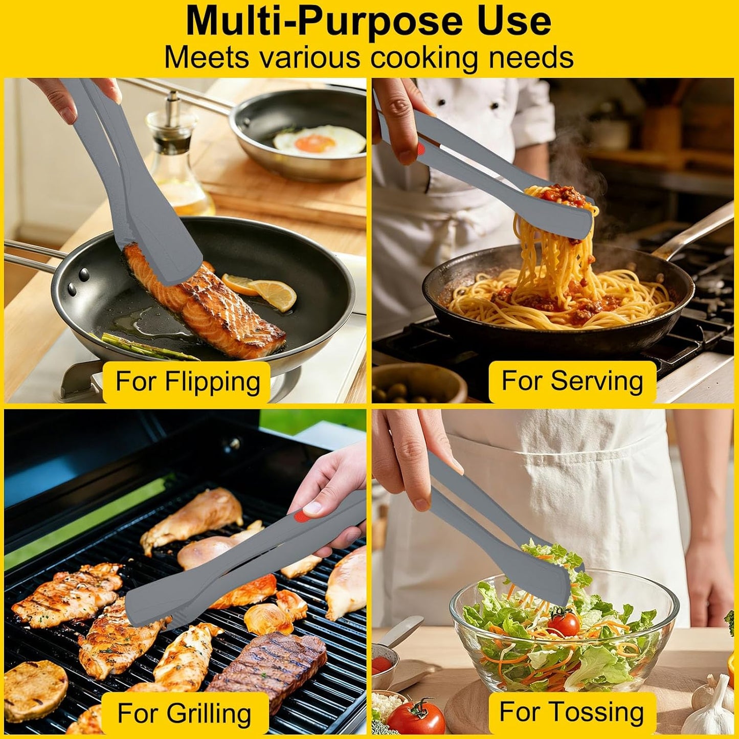 Beijiyi Kitchen Tongs for Cooking, 9" & 12" Set, Silicone Cooking Tongs with Silicone Tip for Nonstick Cookware, 600°F Heat Resistant, Stainless Steel Core, Great for Grilling and Serving Food (Black)