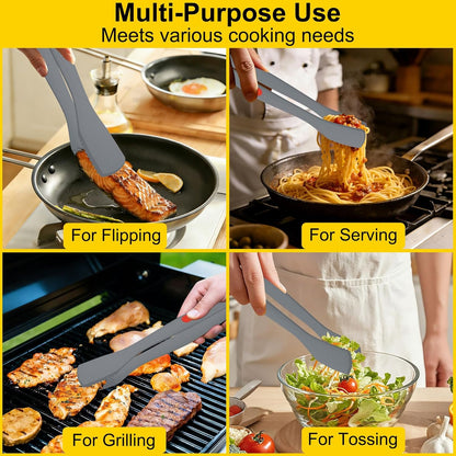 Beijiyi Kitchen Tongs for Cooking, 9" & 12" Set, Silicone Cooking Tongs with Silicone Tip for Nonstick Cookware, 600°F Heat Resistant, Stainless Steel Core, Great for Grilling and Serving Food (Black)