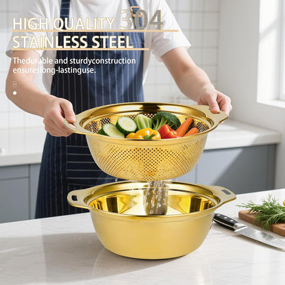 Colander 304 Stainless Steel 3-quart with Mixing Bowls, Strainer for Kitchen Food For washing vegetables, fruit, rice, Dishwasher Safe. (2PC)