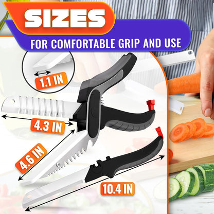 2 in 1 Kitchen Scissors for Food – Stainless Steel Blade & Plastic Cutting Board Scissors with Safety Lock | 9.5" Tomato Knife, Fruit & Vegetable Cutter – Easy-to-Use Kitchen Shears for Meat, Cheese