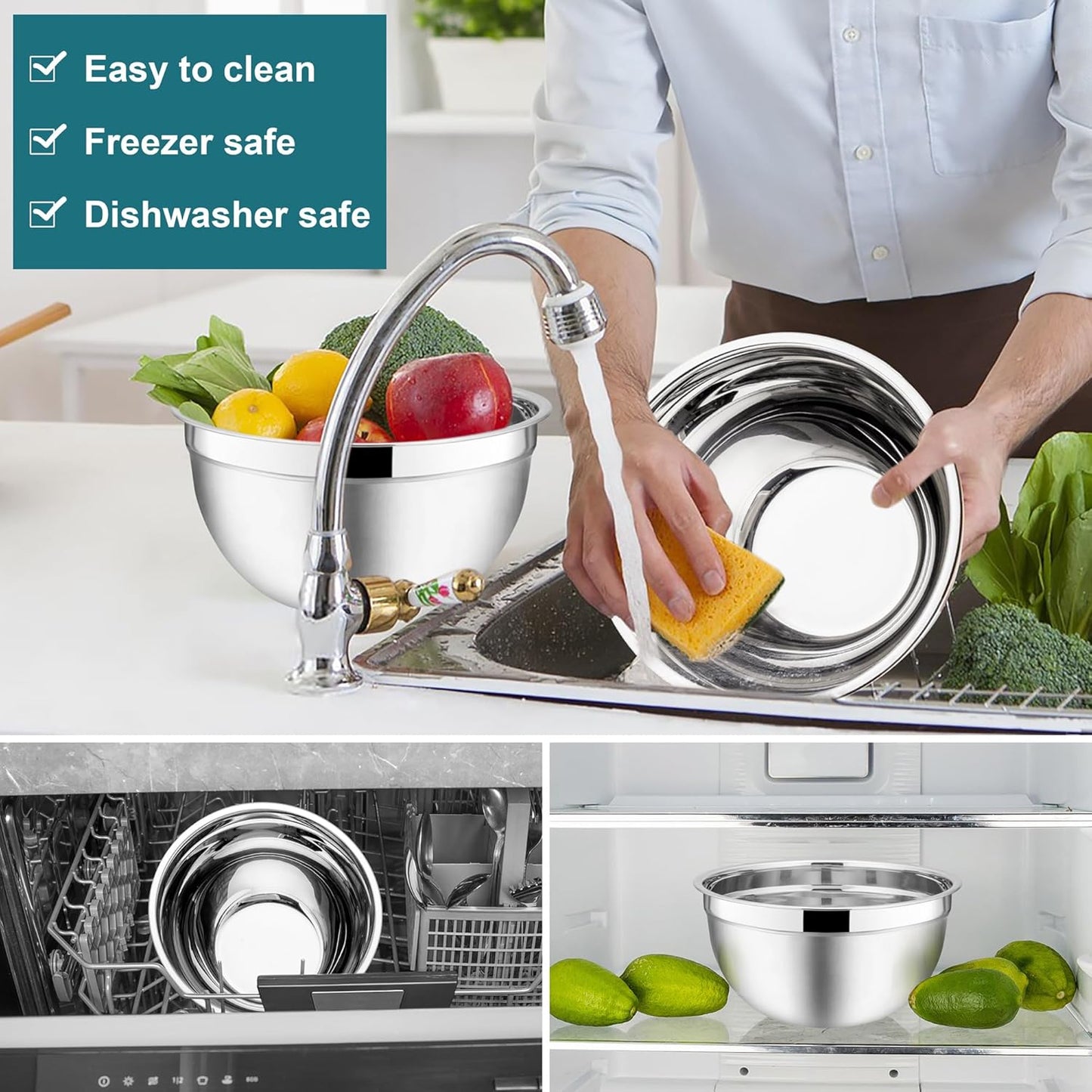 E-far Mixing Bowls with Lids, 6-Piece Stainless Steel Salad Bowls Metal Nesting Bowls for Baking Cooking and Prepping, Airtight Lids & Stackable Design, Size 4.5, 3, 1.5 QT (Black)