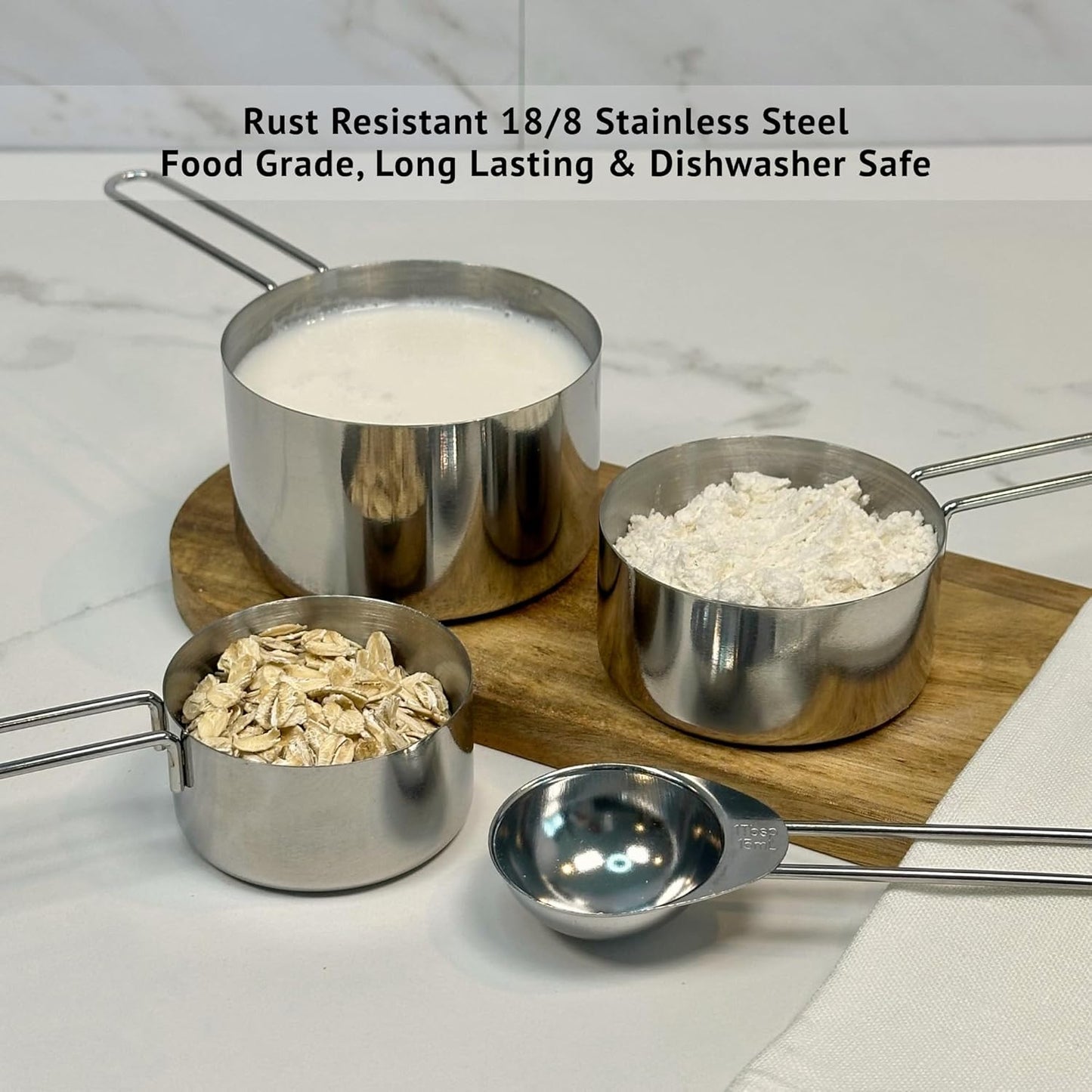 Silver Stainless Steel Measuring Cups and Spoons Set, 8 Piece, Engraved Measurements, Durable Nesting Kitchen Set