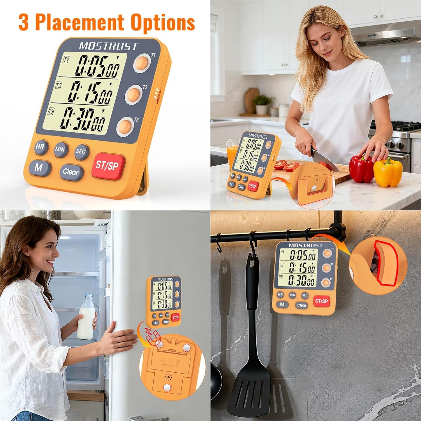 Digital Dual Kitchen Timer, 3 Channels Triple Countdown Timer for Cooking, Magnetic Memory-Preset Large Display Adjustable Volume, Multi Time Management, 3A Battery Included, Black