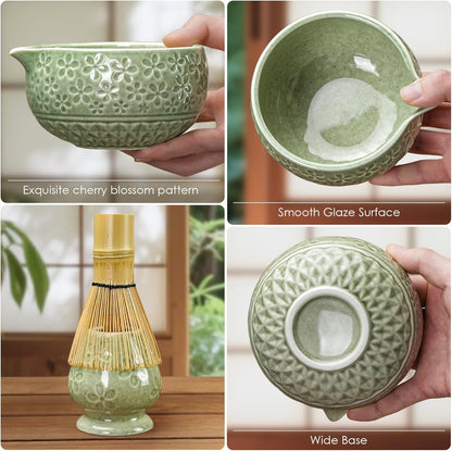 Matcha Whisk Set, Ceramic Bowl Matcha Kit & Handcrafted Bamboo Chasen, Complete 5 Pcs Matcha Set Whisk and Bowl, Stainless Steel Sifter, Bamboo Scoop & Holder for Matcha Lovers