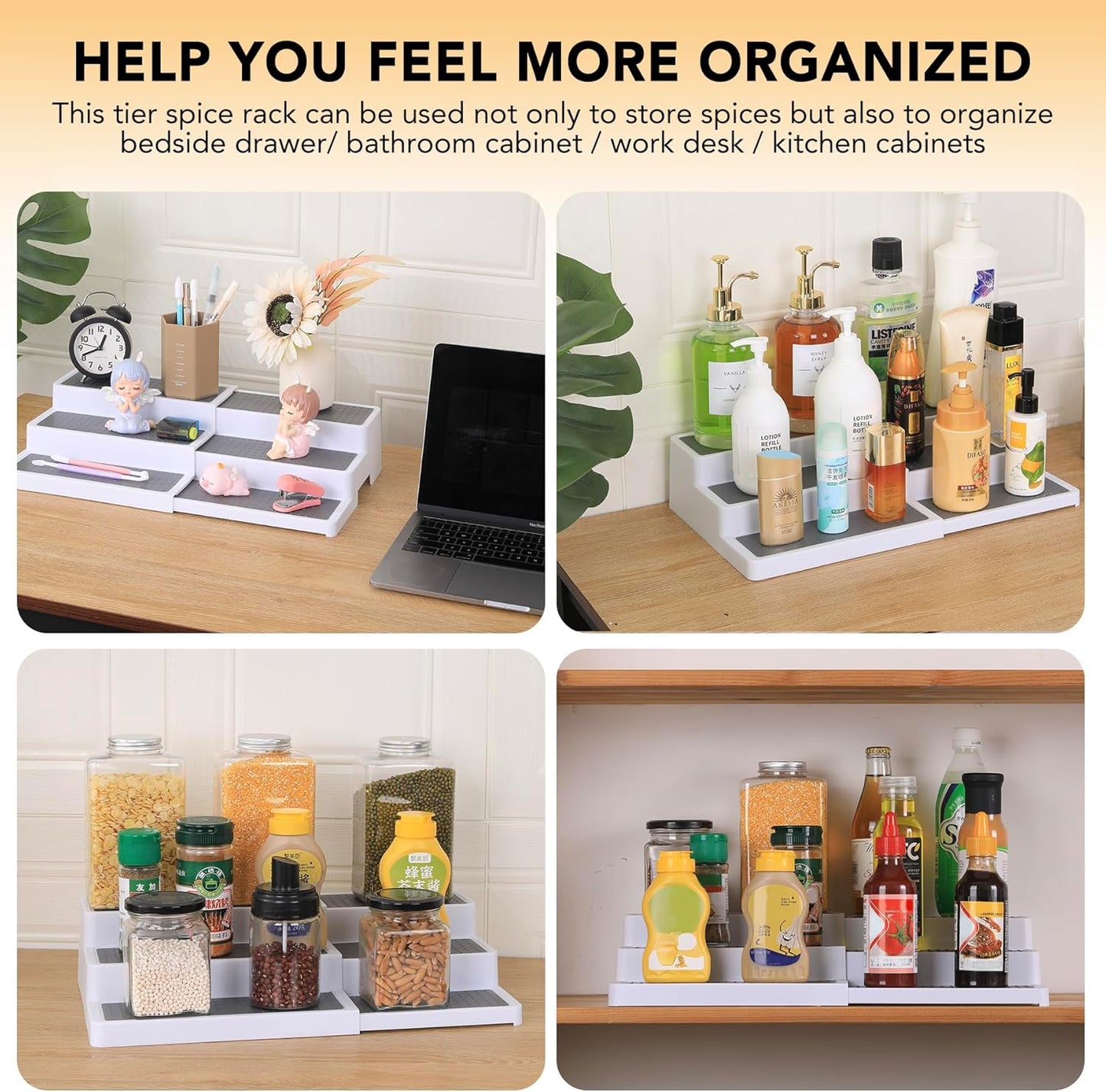 CiWiVOKi 3 Tier Expandable Spice Rack Organizer, White/Grey Plastic Spice Rack, Adjustable Length 14.6In-25.8In, 2 Pack Non-Skid Tiered Spice Shelf Organizer for Kitchen Cabinet, Cupboard, Pantry