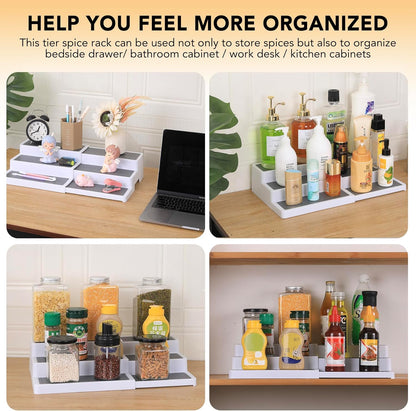 CiWiVOKi 3 Tier Expandable Spice Rack Organizer, White/Grey Plastic Spice Rack, Adjustable Length 14.6In-25.8In, 2 Pack Non-Skid Tiered Spice Shelf Organizer for Kitchen Cabinet, Cupboard, Pantry