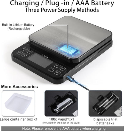 BOMATA Large Kitchen Scale with 0.1g/0.001oz High Precision, 5kg/11lb Bakery Scale with% Percentage Function, USB Rechargeable, Full-View Angle LCD with Backlight, Stainless Steel Pan