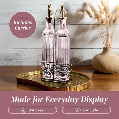 COOK WITH COLOR Glass Olive Oil Bottle Dispenser - 2 Pack- 17oz Oil and Vinegar Cruet - Olive Oil Carafe Decanter for Kitchen, Elegant Waves, Clear