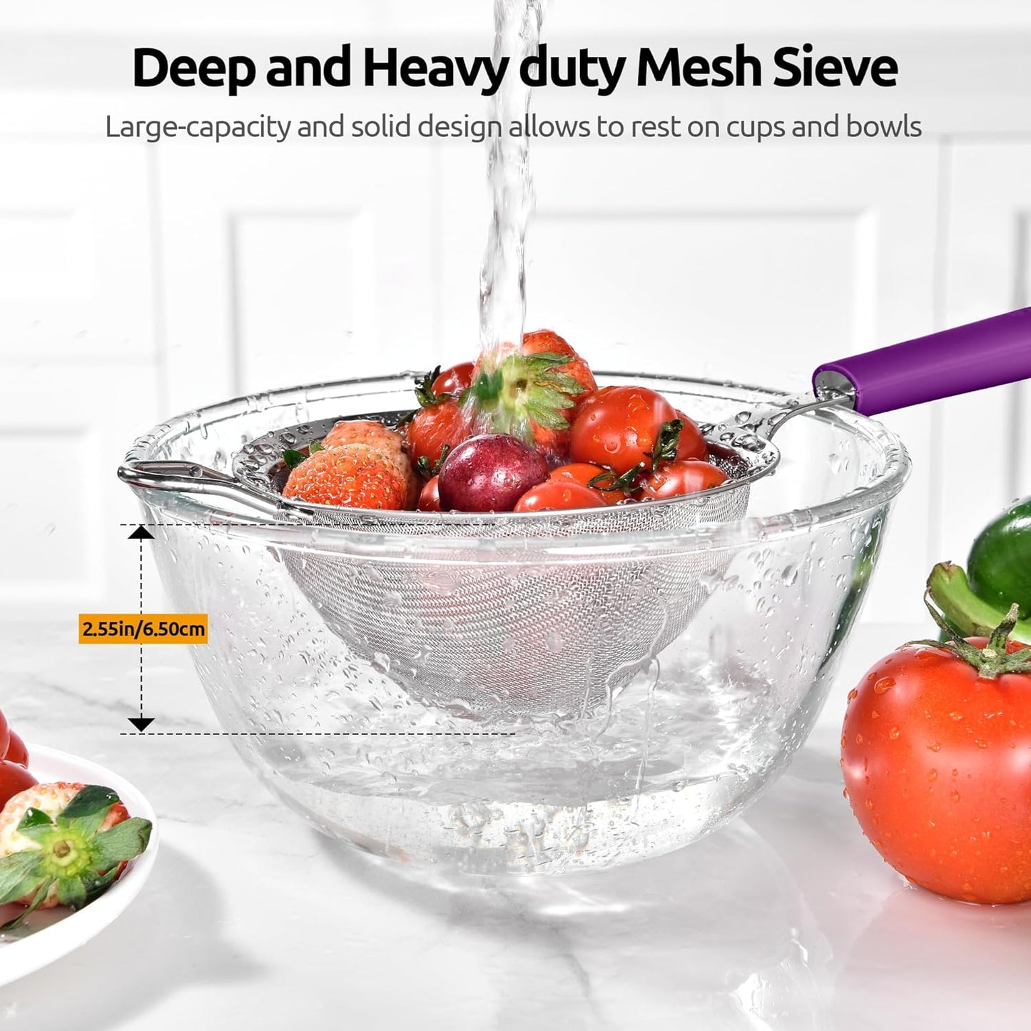 U-Taste Medium Fine Mesh Strainer: 18/8 Stainless Steel 4.73in 30 Mesh Kitchen Food Sieve with Sturdy Riveted Silicone Handle, Heavy Duty Deep Handheld Metal Colander for Rice, Quinoa, Flour (Black)