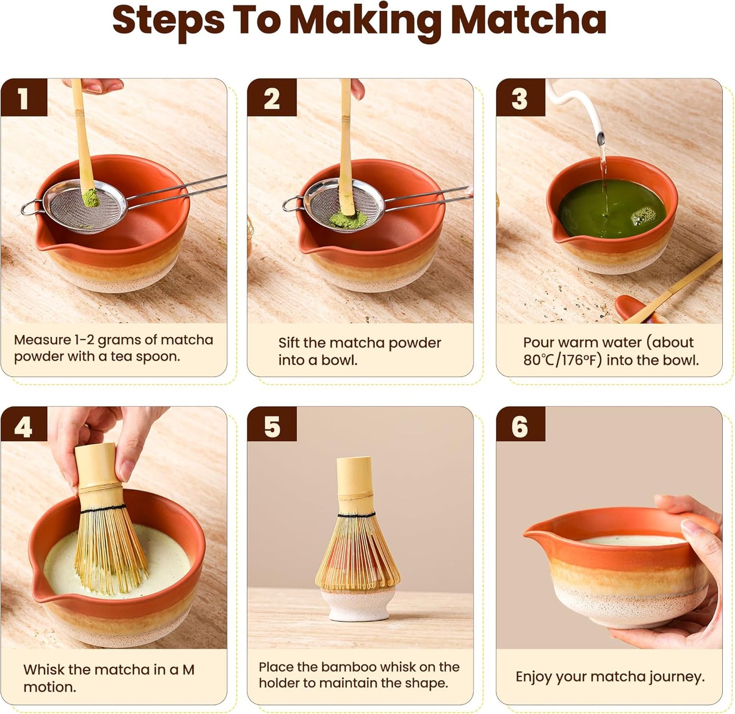 Matcha Whisk Set, Ceramic Matcha Kit Desert Style, Matcha Whisk and Bowl, Bamboo Scoop and Rest, Sifter and Tea Towel, 7 Pcs Gifts for Matcha Lover - Matte Black