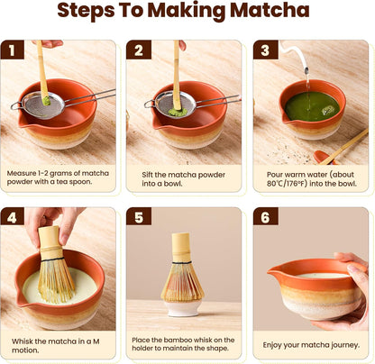 Matcha Whisk Set, Ceramic Matcha Kit Desert Style, Matcha Whisk and Bowl, Bamboo Scoop and Rest, Sifter and Tea Towel, 7 Pcs Gifts for Matcha Lover - Matte Black