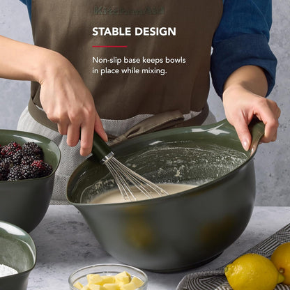 KitchenAid Universal Nesting Plastic Mixing Bowls, Set Of 3, 2.5 quart, 3.5 quart, 4.5 quart, Non Slip Base with Easy Pour Spout to Reduce Mess, Dishwasher Safe, Aqua Sky, White, Gray