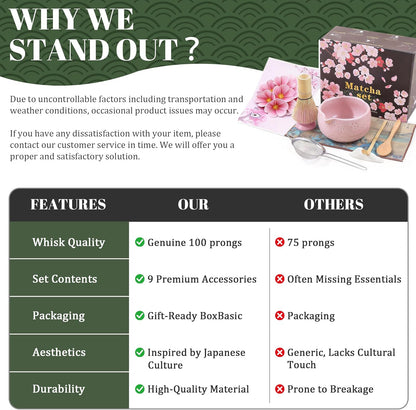 9 Pcs Matcha Set,Matcha Whisk Set,Matcha Kit,Complete Matcha Kit with Matcha Bowl,Whisk & Holder, Spoon/Scoop & Rester,Sifter & Tea Towel,Gifts for Women with Greeting Card (Cherry Blossom)