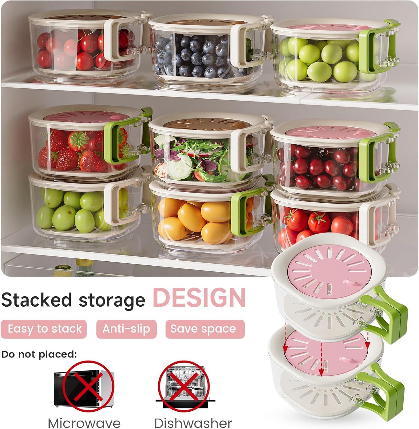 Fruit Vegetable Washing Bowl Strainer Container with Lid, Kitchen Fruit Berry Drainer Basket, Berry Keeper, Portable Fruit Colander Storage Container for Kitchen, Picnic, 2 Pack (Mix)