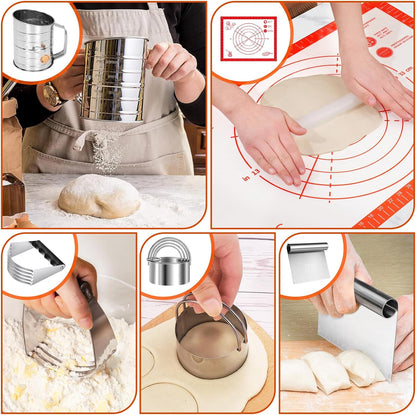 9PCS Stainless Steel Pastry Blender Set, 3 Cup Flour Sifter, Biscuit Cutter, Pastry Cutter, Dough Cutter, Silicone Baking Mats, for Cooking Cookies and Donuts, Cakes, Biscuits or Making Pancakes