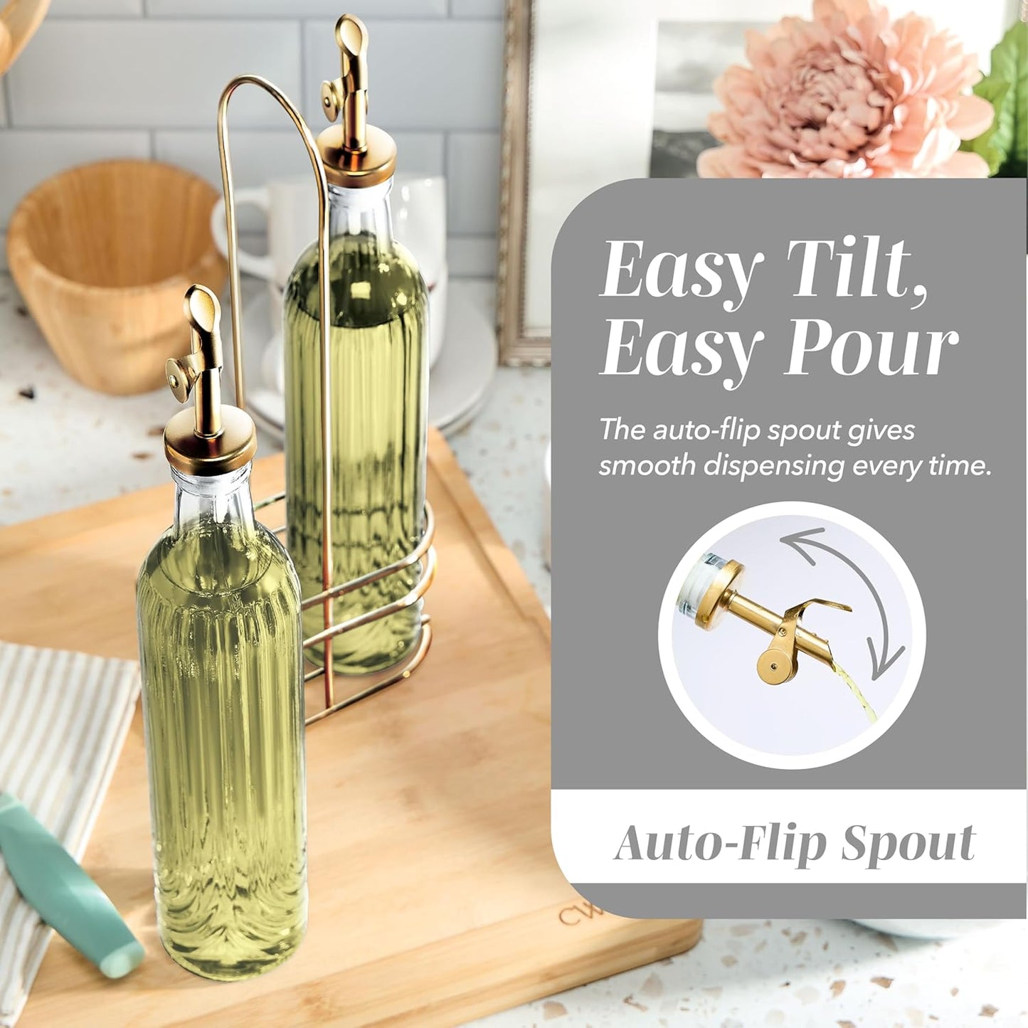 COOK WITH COLOR Glass Olive Oil Bottle Dispenser - 2 Pack- 17oz Oil and Vinegar Cruet - Olive Oil Carafe Decanter for Kitchen, Elegant Waves, Clear