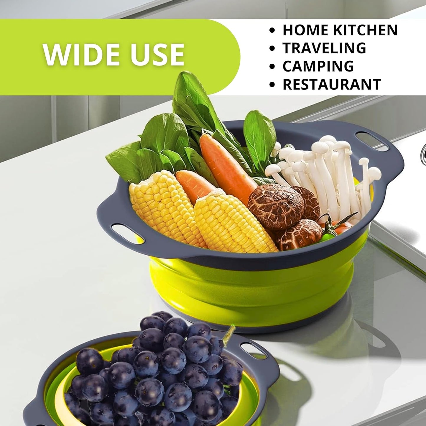 Green Kitchen Strainer Colander Set - 2 PCS Multifunctional Colander Silicone Food Strainers for Kitchen for Pasta and Spaghetti Collapsible with Plastic Handles
