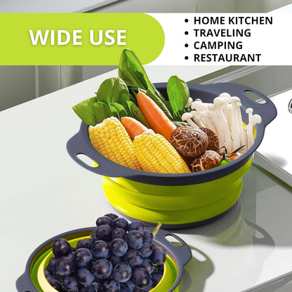 Green Kitchen Strainer Colander Set - 2 PCS Multifunctional Colander Silicone Food Strainers for Kitchen for Pasta and Spaghetti Collapsible with Plastic Handles