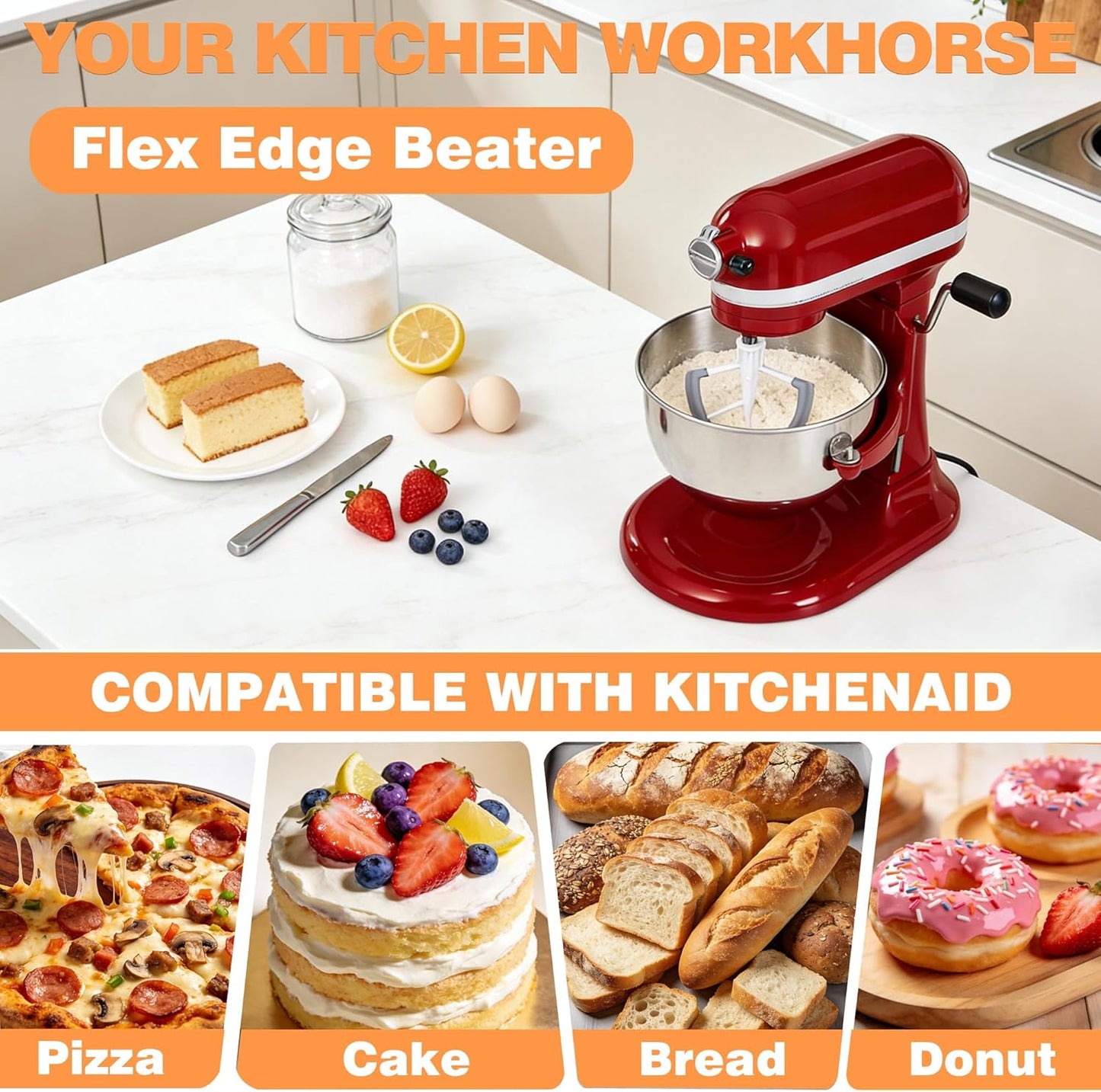 Flex Edge Beater for KitchenAid 6 Quart Bowl-Lift Stand Mixers, Paddle Attachment with Flexible Silicone Edges, Pastry Beater for KitchenAid Mixer Accessories, Dishwasher Safe