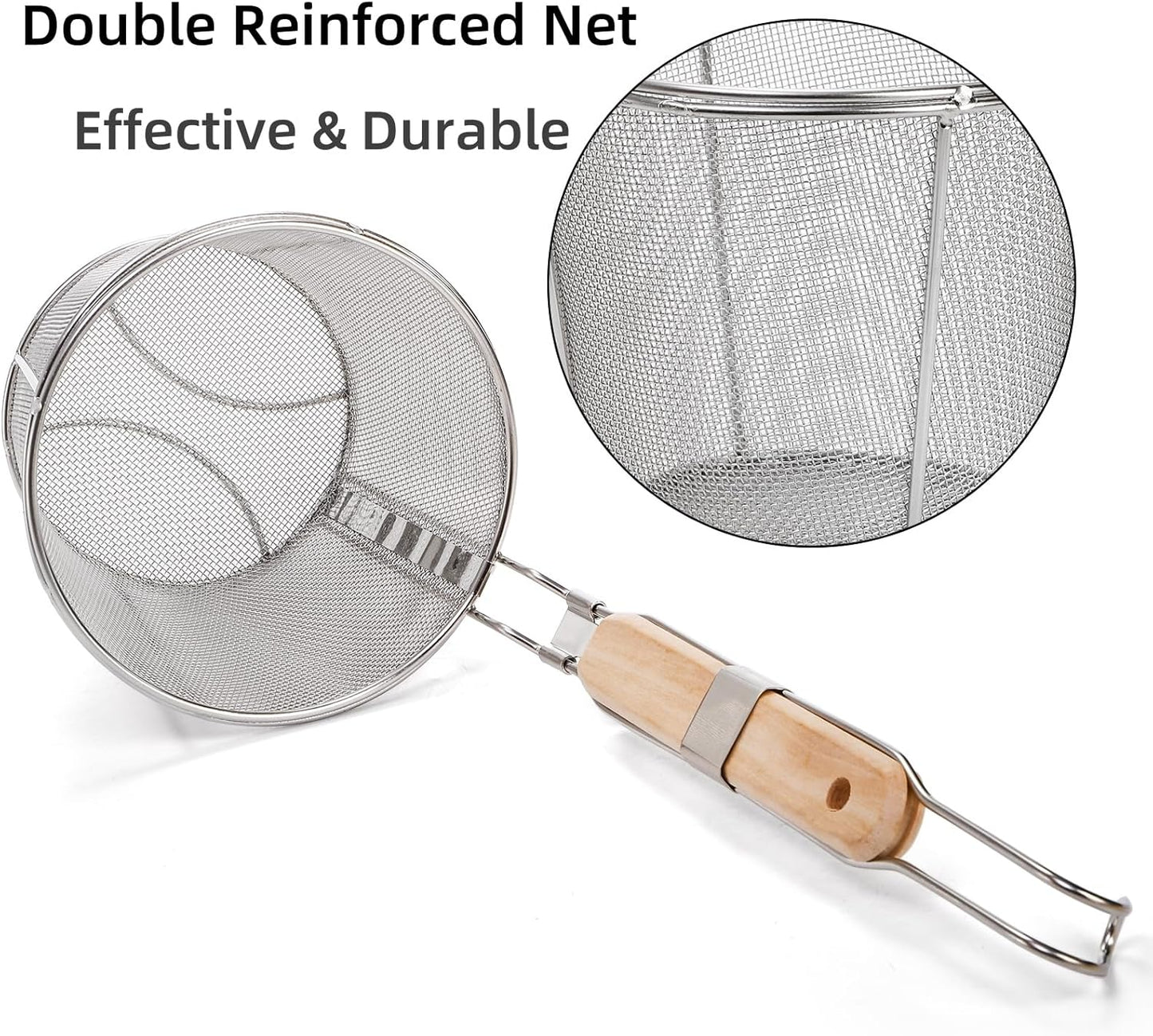 ZAVOOS 2 Pack Pasta Strainer Basket, Stainless Steel Mesh Spider Strainer with Wooden Handle for Boiling, Kitchen Fine Food Skimmer Deep Fry Basket for Pasta, Noodle, Dumpling, 5.3''D x 5.1''H