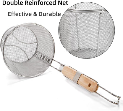 ZAVOOS 2 Pack Pasta Strainer Basket, Stainless Steel Mesh Spider Strainer with Wooden Handle for Boiling, Kitchen Fine Food Skimmer Deep Fry Basket for Pasta, Noodle, Dumpling, 5.3''D x 5.1''H