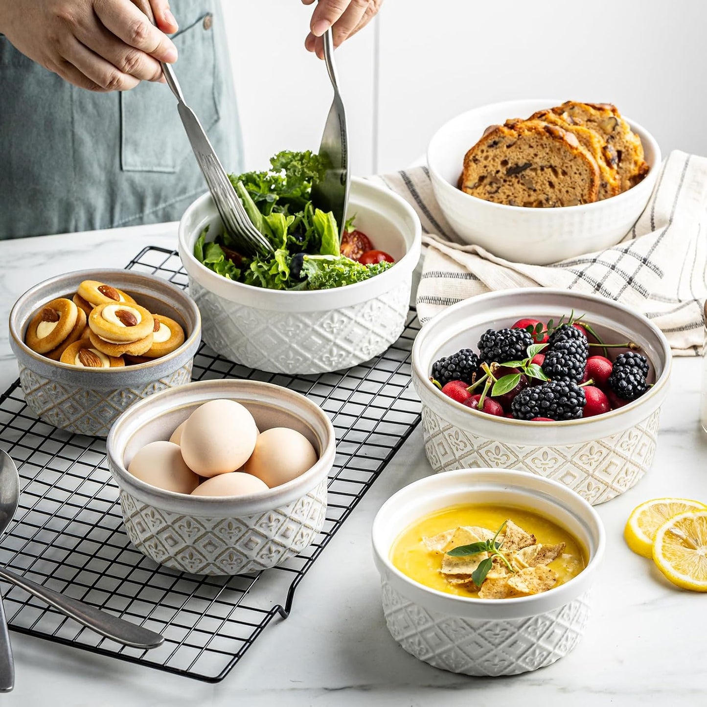 40 Oz Ramekins Ceramic Airtight Bowls Set of 4 - Large Mixing Bowls with Lids Set for Salad, Pho, Soup, Pasta, Dessert, Serving, Oatmeal, Baking Dishes, Dishwasher & Microwave Safe, Beige