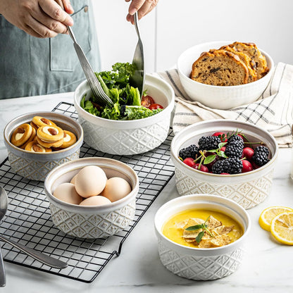 40 Oz Ramekins Ceramic Airtight Bowls Set of 4 - Large Mixing Bowls with Lids Set for Salad, Pho, Soup, Pasta, Dessert, Serving, Oatmeal, Baking Dishes, Dishwasher & Microwave Safe, Beige