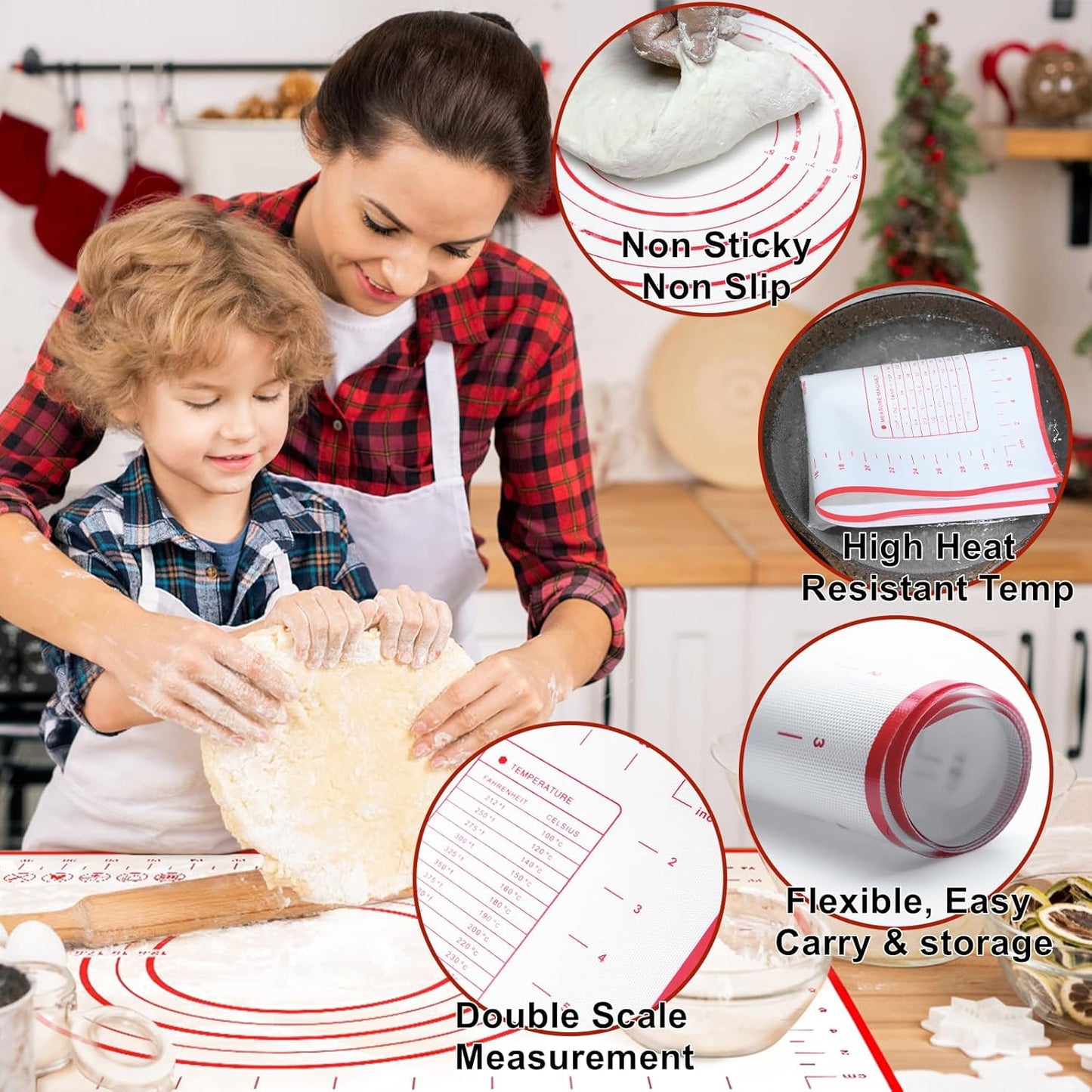 Large 24" x 16" Silicone Baking Mat | Non-Slip Pastry & Dough Mat with Dough scraper | Ideal for Rolling Out Pie Crusts, Fondant, and More | Oven-Safe Silicone Liner (24''L X 16''W)