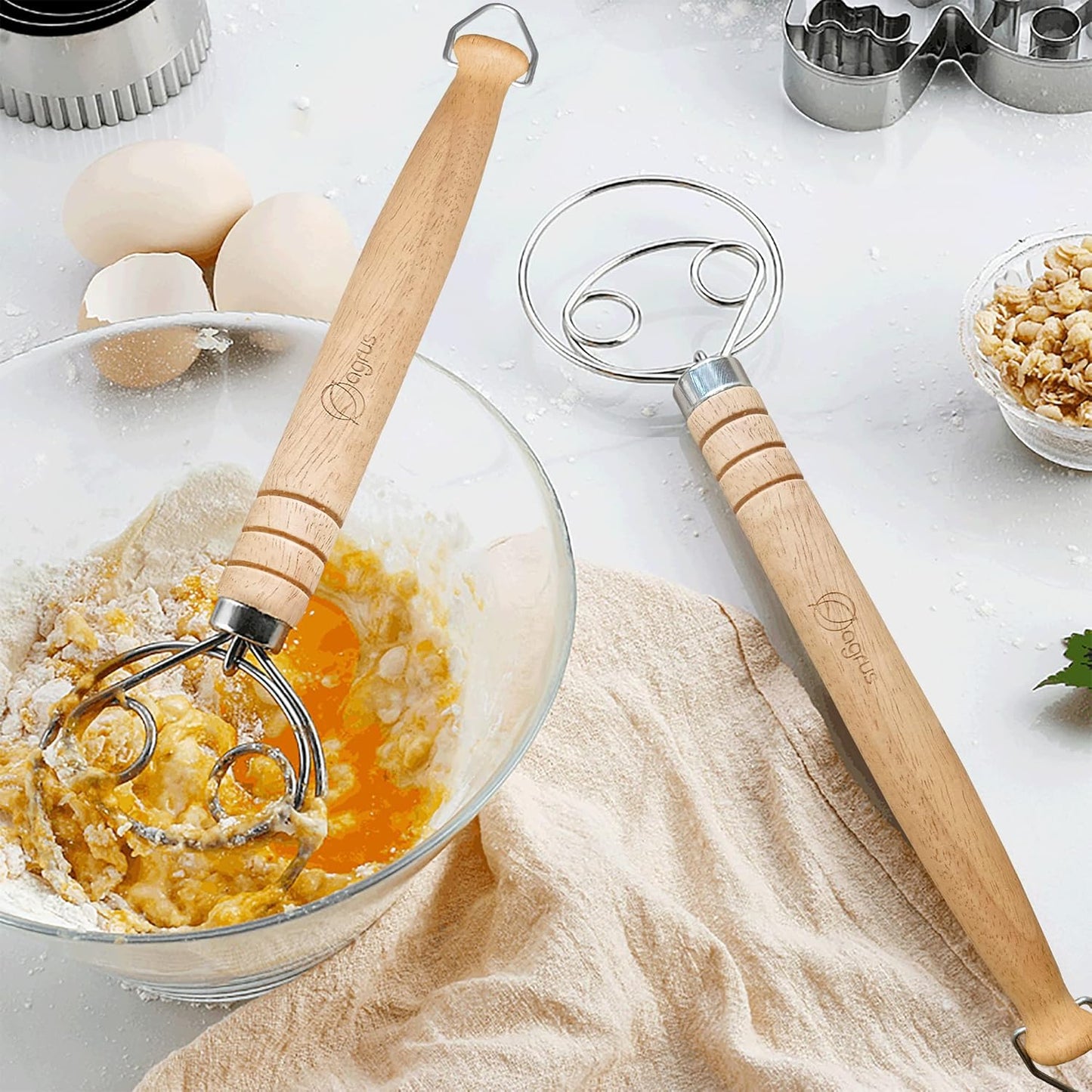 Danish Dough Whisk and Bread Lame Set for Bakers - Pastry and Bread Making Tools - Flour Whisk with Wooden Handle 13.5 inch