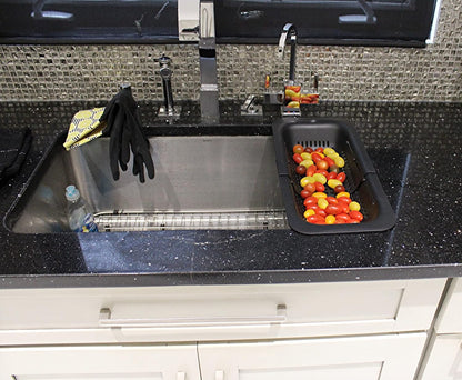 Over-the-Sink Expandable Colander – BPA-Free Collapsible Plastic Strainer for Fruits, Vegetables, Pasta & Dishes – 14.25" to 19.5" Adjustable Sink Basket – Black