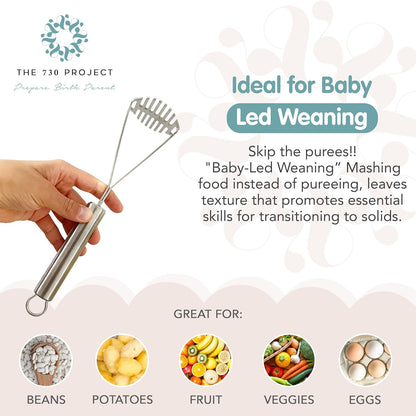 The 730 Project Mighty Masher, Baby Food Masher for Starting Solids Essentials, Baby-Led Weaning Mini Avocado and Potato Masher, Stainless Steel Potato Smasher Tool