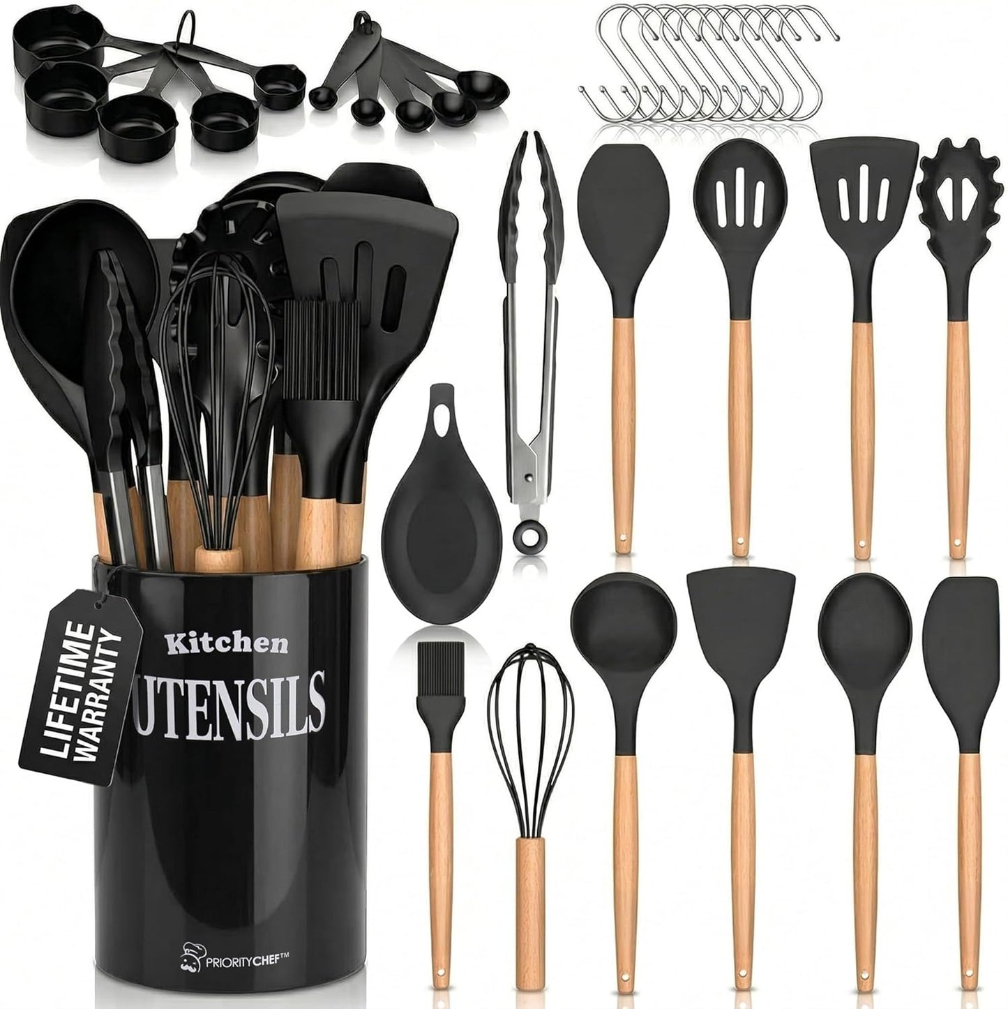 PriorityChef Silicone Cooking Utensil Set with Wooden Handles - Kitchen Utensils for Nonstick and Ceramic Cookware, Heat Resistant up to 446°F, Black