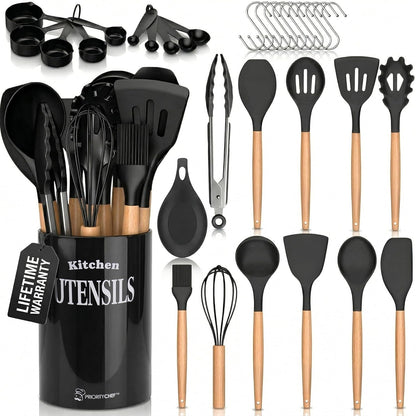 PriorityChef Silicone Cooking Utensil Set with Wooden Handles - Kitchen Utensils for Nonstick and Ceramic Cookware, Heat Resistant up to 446°F, Black