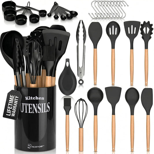PriorityChef Silicone Cooking Utensil Set with Wooden Handles - Kitchen Utensils for Nonstick and Ceramic Cookware, Heat Resistant up to 446°F, Black