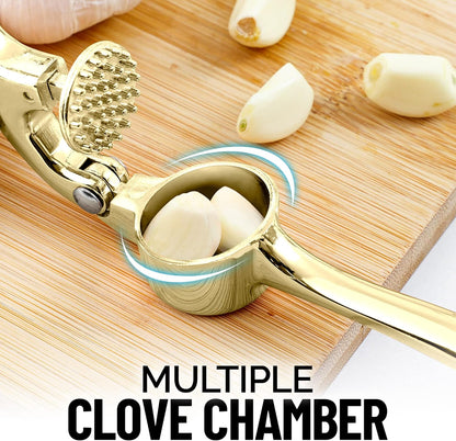 Zulay Kitchen Premium Garlic Press Set - Rust Proof Professional Garlic Mincer Tool - Easy-Squeeze, Easy-Clean with Soft, Ergonomic Handle - Silicone Garlic Peeler & Brush (Silver)