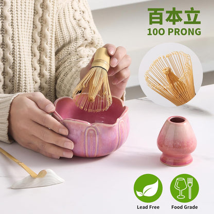 Matcha Whisk Set, 5 Pcs Ceramic Matcha Set, Matcha Kit Set Includes Matcha Bowl, Matcha Whisk and Holder, Bamboo Scoop and Sifter, Matcha Tea Set, Ideal Gift for Family/Friend (Pink)