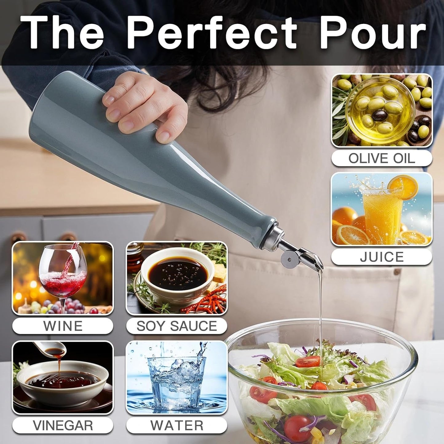 YOLIFE Olive Oil Dispenser Bottle, 20oz Ceramic Oil Dispenser for Kitchen, Oil Bottle with Gravity Spout, Leak Proof EVOO Dispensing Bottle with 2 Spouts and 1 Funnel for Vinegar, Juice(White)