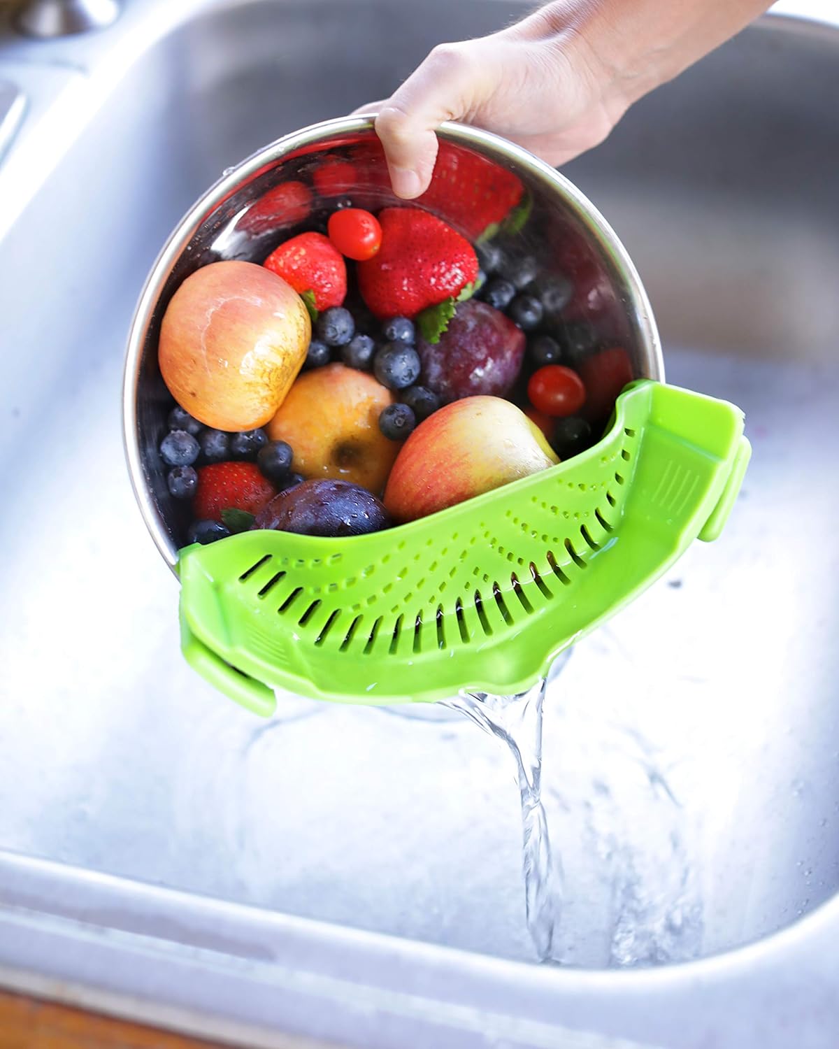 Clip On Kitchen Food Strainer for Spaghetti, Meat, Pasta, & Ground Beef Grease, Colander & Sieve Snaps or Clips Onto Bowls, Pots & Pans Includes Silicone Drainer, Brush & Garlic Peeler (Dk Red)