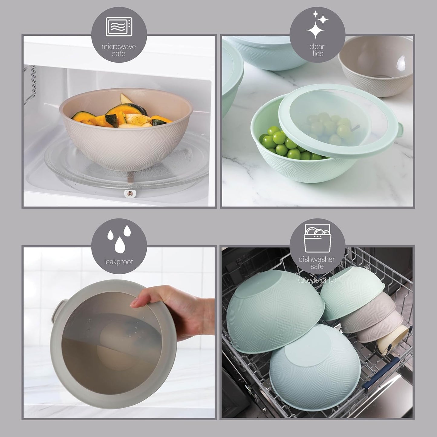 COOK WITH COLOR Mixing Bowls with Lids - 12 Piece Plastic Nesting Bowls Set includes 6 Prep Bowls and 6 Lids, Microwave Safe Mixing Bowl Set, Sage Embossed - Colors A