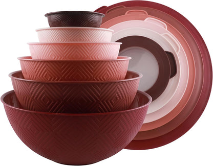 COOK WITH COLOR Mixing Bowls with Lids - 12 Piece Plastic Nesting Bowls Set includes 6 Prep Bowls and 6 Lids, Microwave Safe Mixing Bowl Set, Black Embossed - Colors B