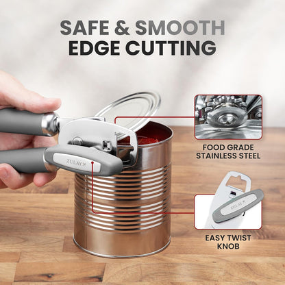 Zulay Kitchen Heavy Duty Stainless Steel Can Opener Manual with Bottle Opener - Rust Proof Manual Can Opener With Turn Knob & Comfy Soft Grip Handles - Black