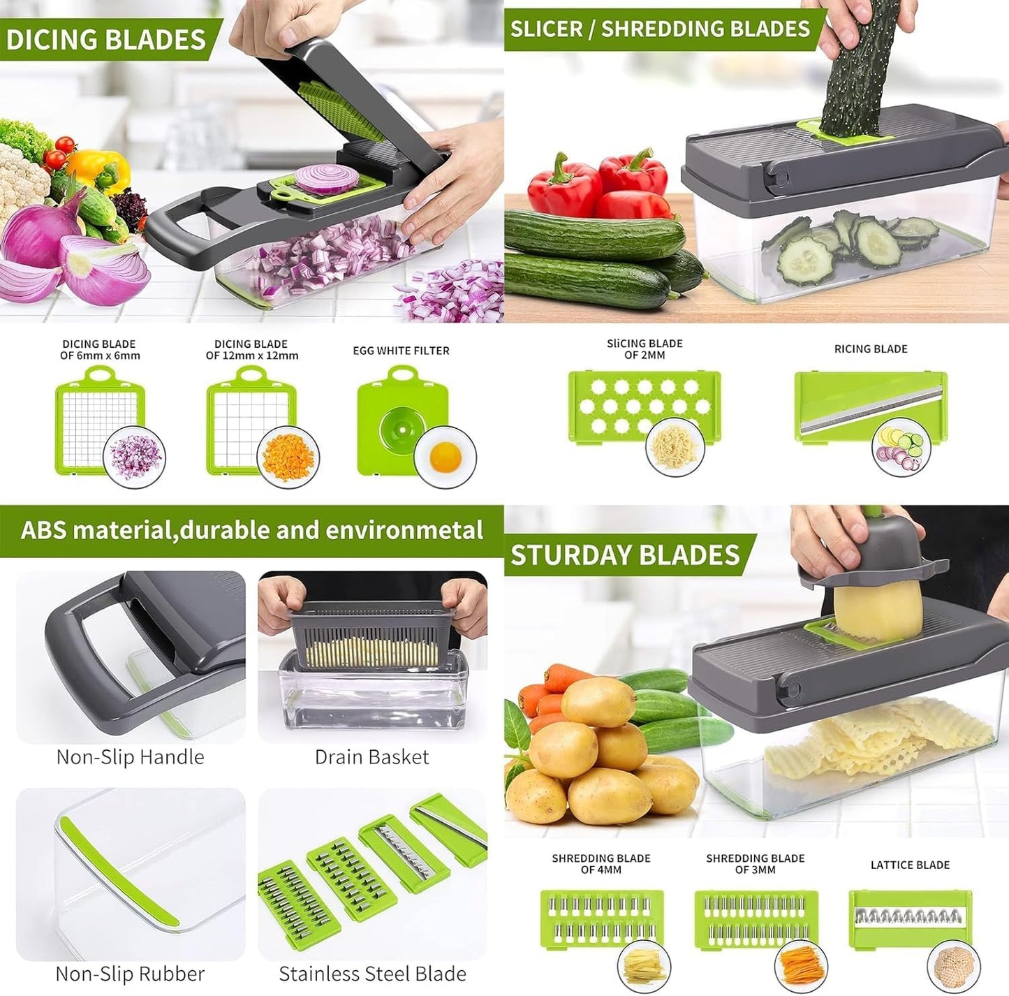 16 in 1 Vegetable Chopper and Food Chopper with Container, Onion Slicer Cutter Dicer, Veggie Cutter with 7 Blades for Carrot Salad Garlic Potato (Design 2)