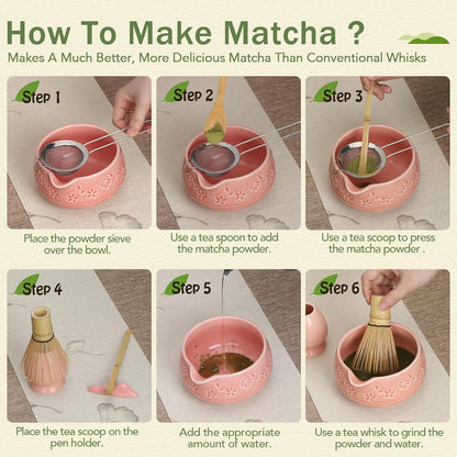Matcha Whisk Set, Ceramic Matcha Set with Bowl, Chasen Holder, Scoop Rest, Sifter, 8-Pcs Japanese Ceremony Matcha Kit–Matcha Lovers Gift for Women Mom Girl Friend-Matcha Green